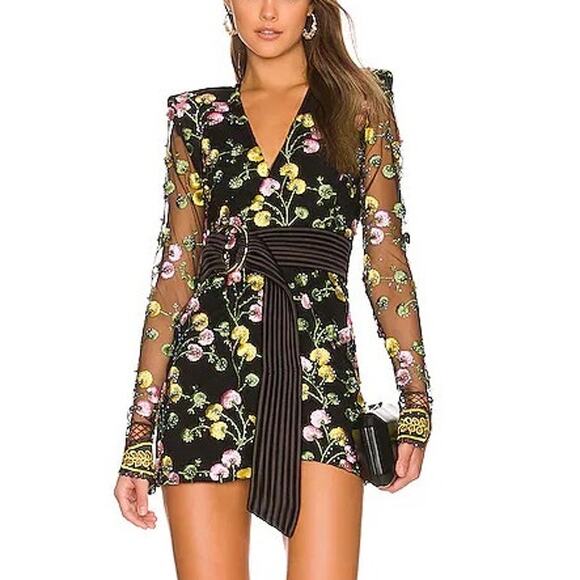 Zhivago In The Garden Floral Mesh Wrap Mini Dress black pink yellow size US 2 - Picture 1 of 15